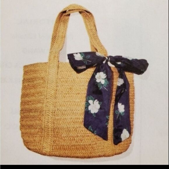 NEW DRAPER JAMES Straw Bag Silk TAN BLUE PREPPY BOW TIE BEACH SUMMER TOTE NWT - Picture 2 of 3